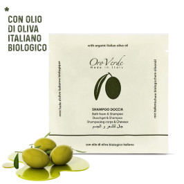 shampoo doccia olio d'oliva in bustina di carta per hotel e b&B