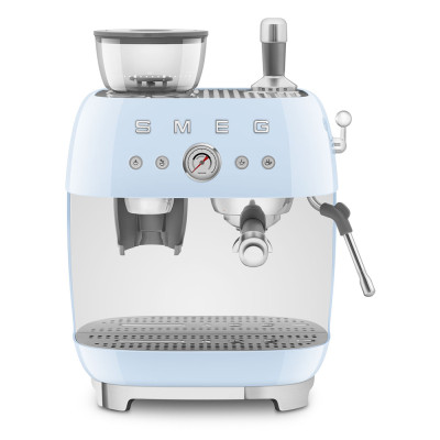 macchina caffe con macinacaffe azzurro lucido frontale
