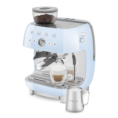 macchina caffe con macinacaffe azzurro lucido uso
