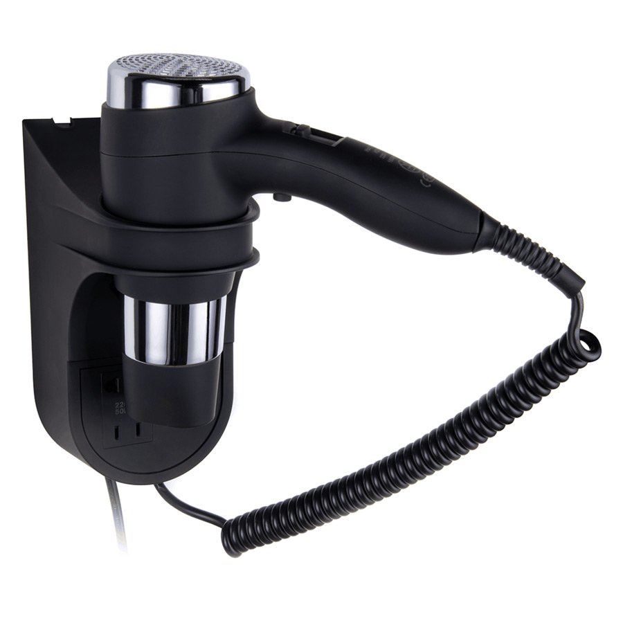 asciugacapelli nero per hotel con presa rasoio