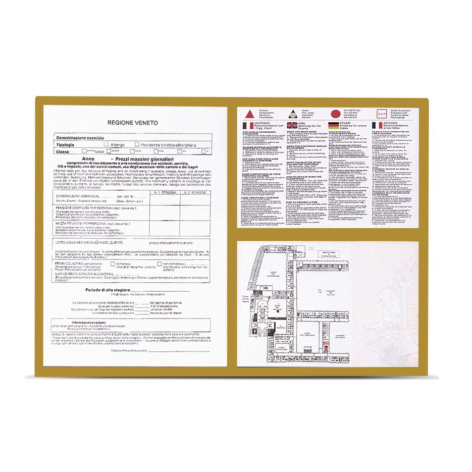 cornice portaprezzi norme antincendio hotel divisa in tre colore oro