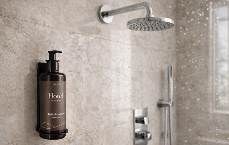 Dispenser doccia hotel ricaricabile per bagnoschiuma, shampoo e crema corpo