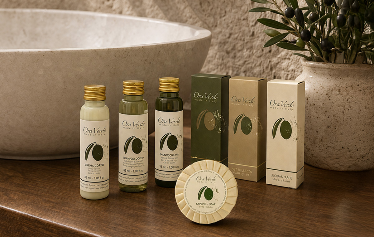 Linea cortesia OroVerde a base di olio d'oliva bio per hotel e agriturismi
