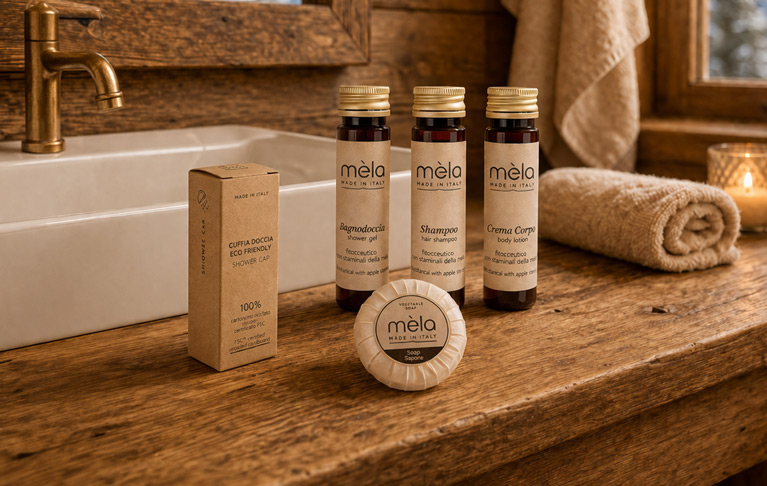 Mela nuovo set cortesia in flaconi e dispenser con fitoceutici alle cellule staminali della mela fragranza oud