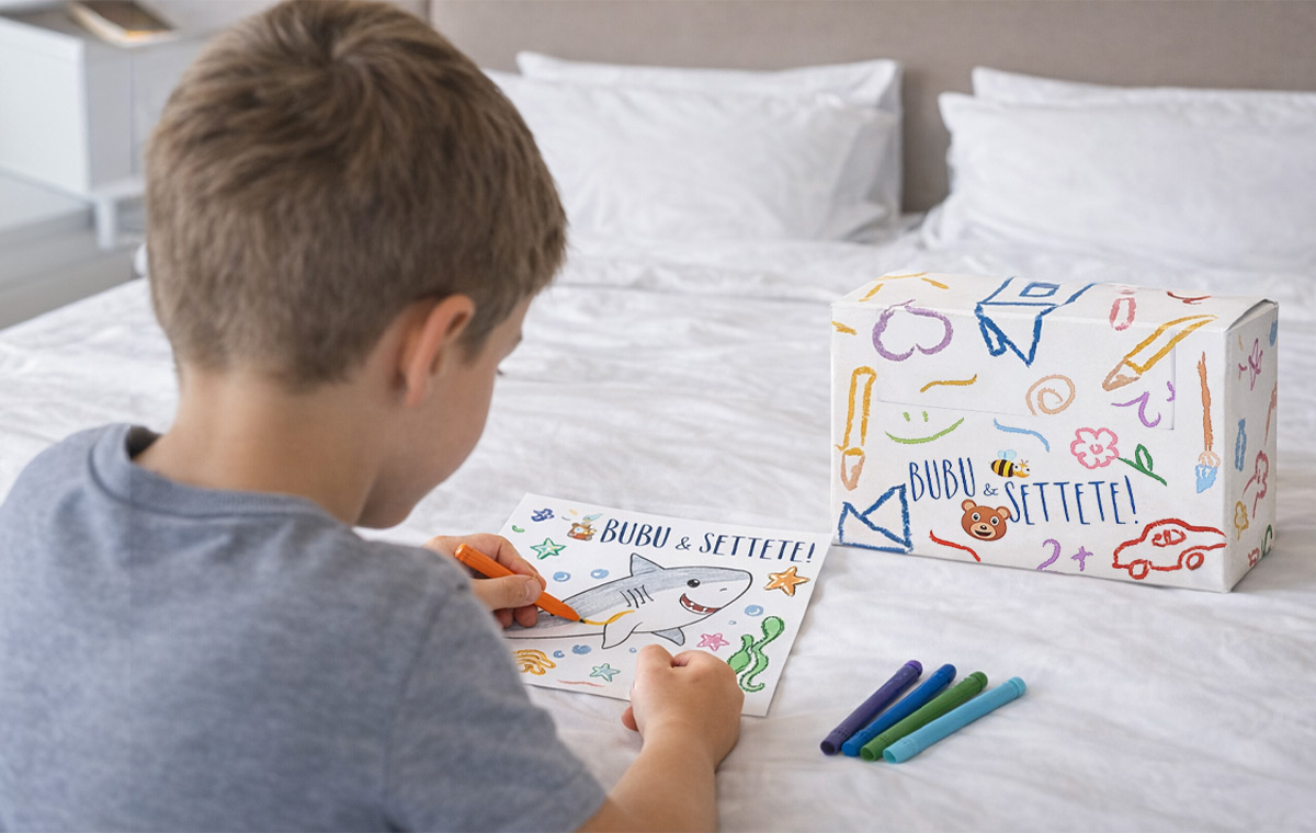 Bubu & Settete nuovo kit cortesia in flaconi, talloncini da colorare e app gioco interattivo Detercom Kids