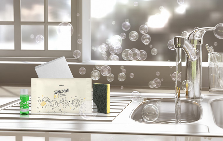 Welcome kit ecologico cucina per residence, camping, villaggi turistici, case vacanze e appartamenti