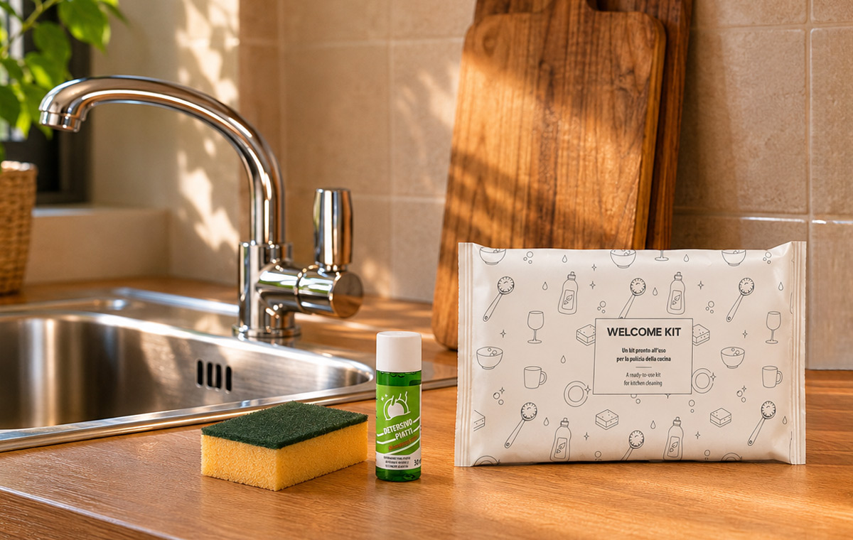 Welcome kit ecologico cucina per residence, camping, villaggi turistici, case vacanze e appartamenti